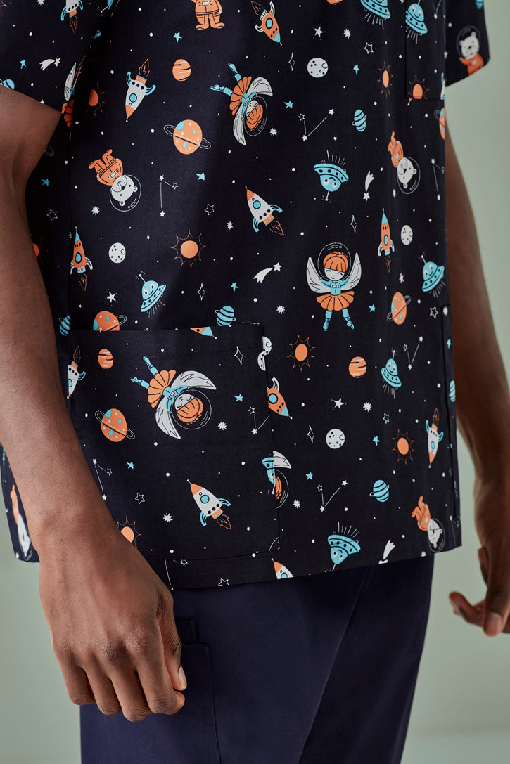 BIZ CARE MENS SPACE PARTY SCRUB TOP CST148MS